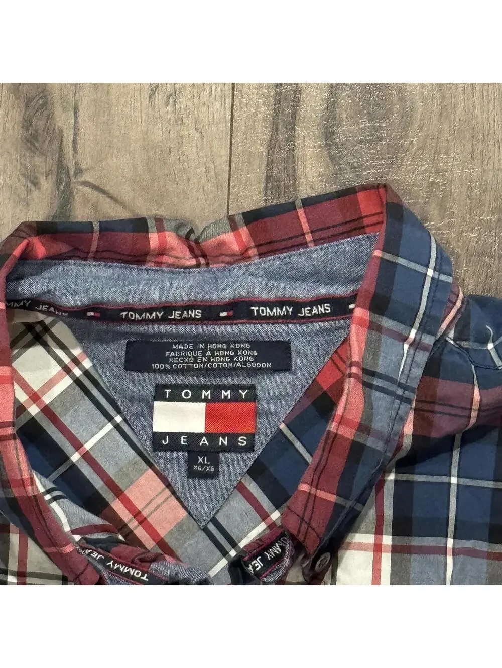 Vintage Tommy Jeans Tartan Button Front Shirt‎ Red Navy White Embroidered Preppy